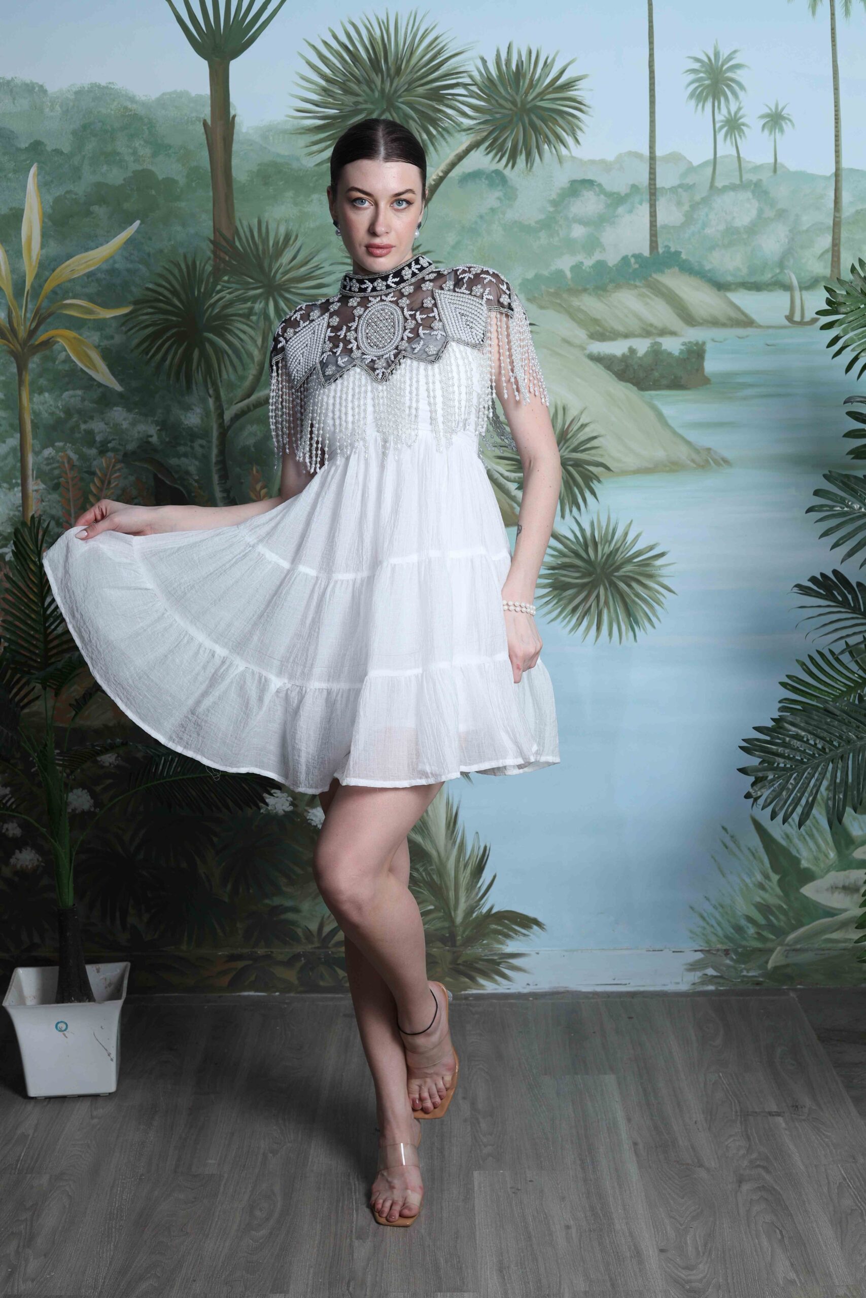 Ivory Beaded Cape Dress
