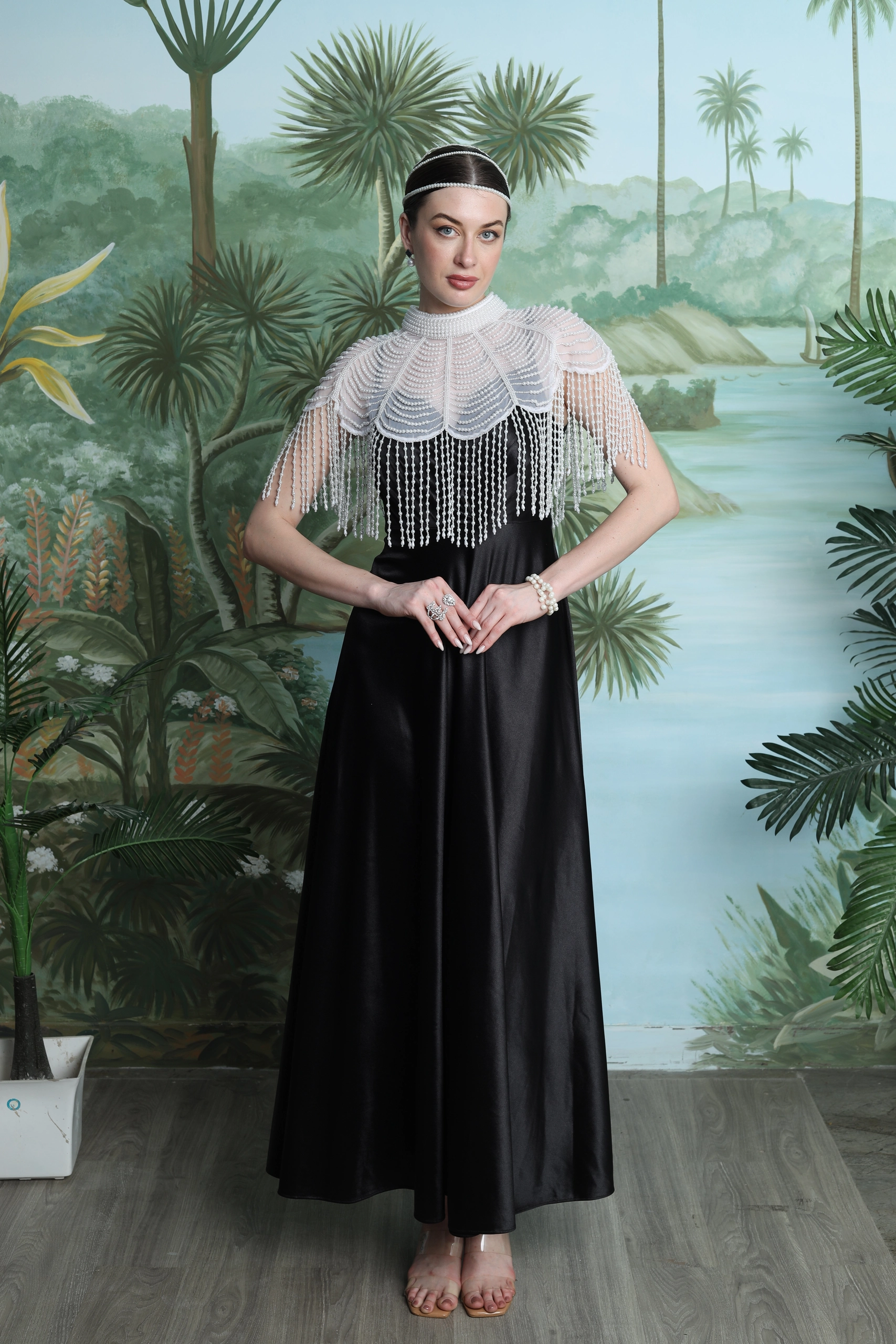 Maravelle Pearl Cape Dress