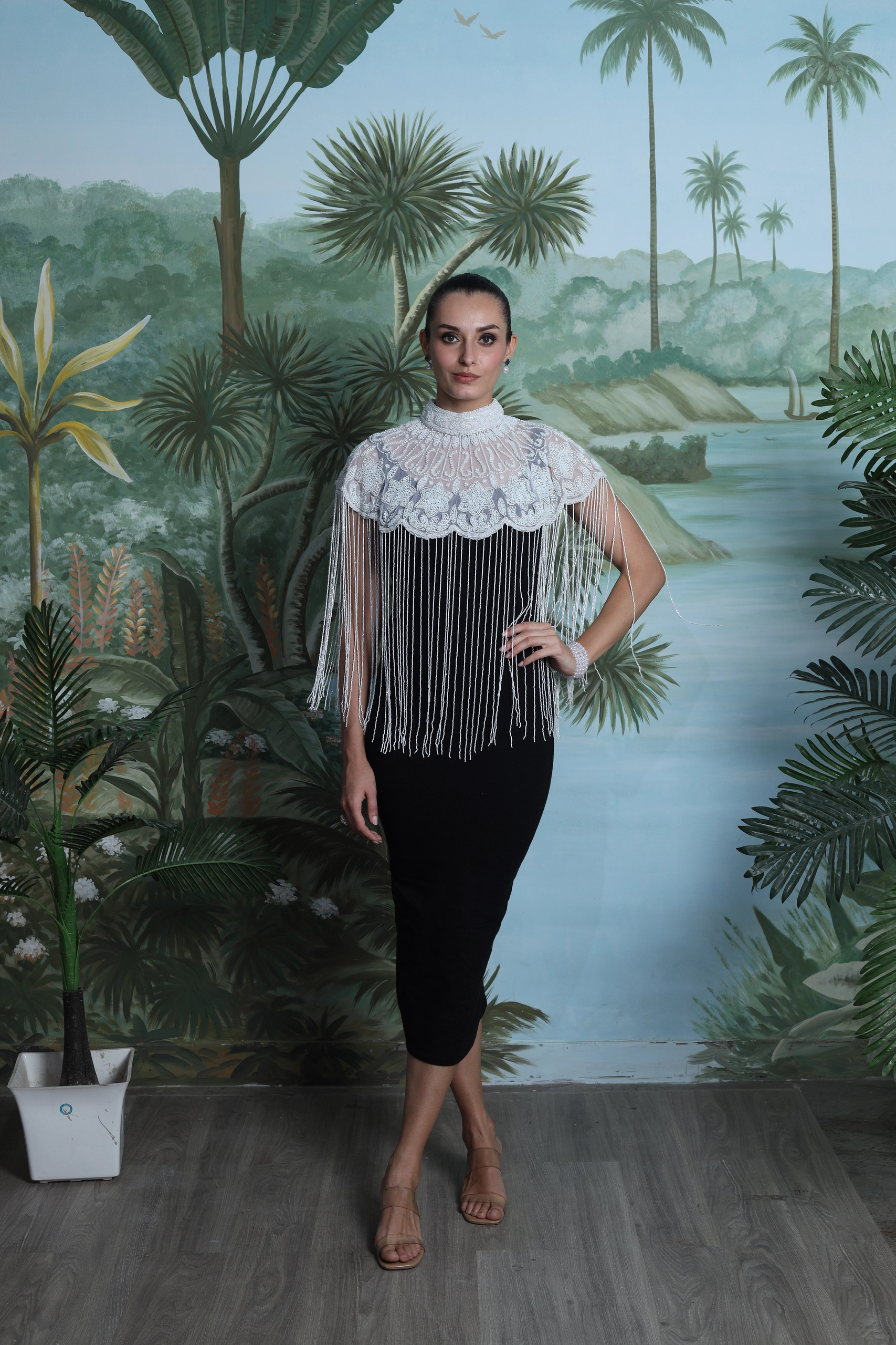 Élodie Midi Dress with Hand Embroidered Fringe Cape Alternate