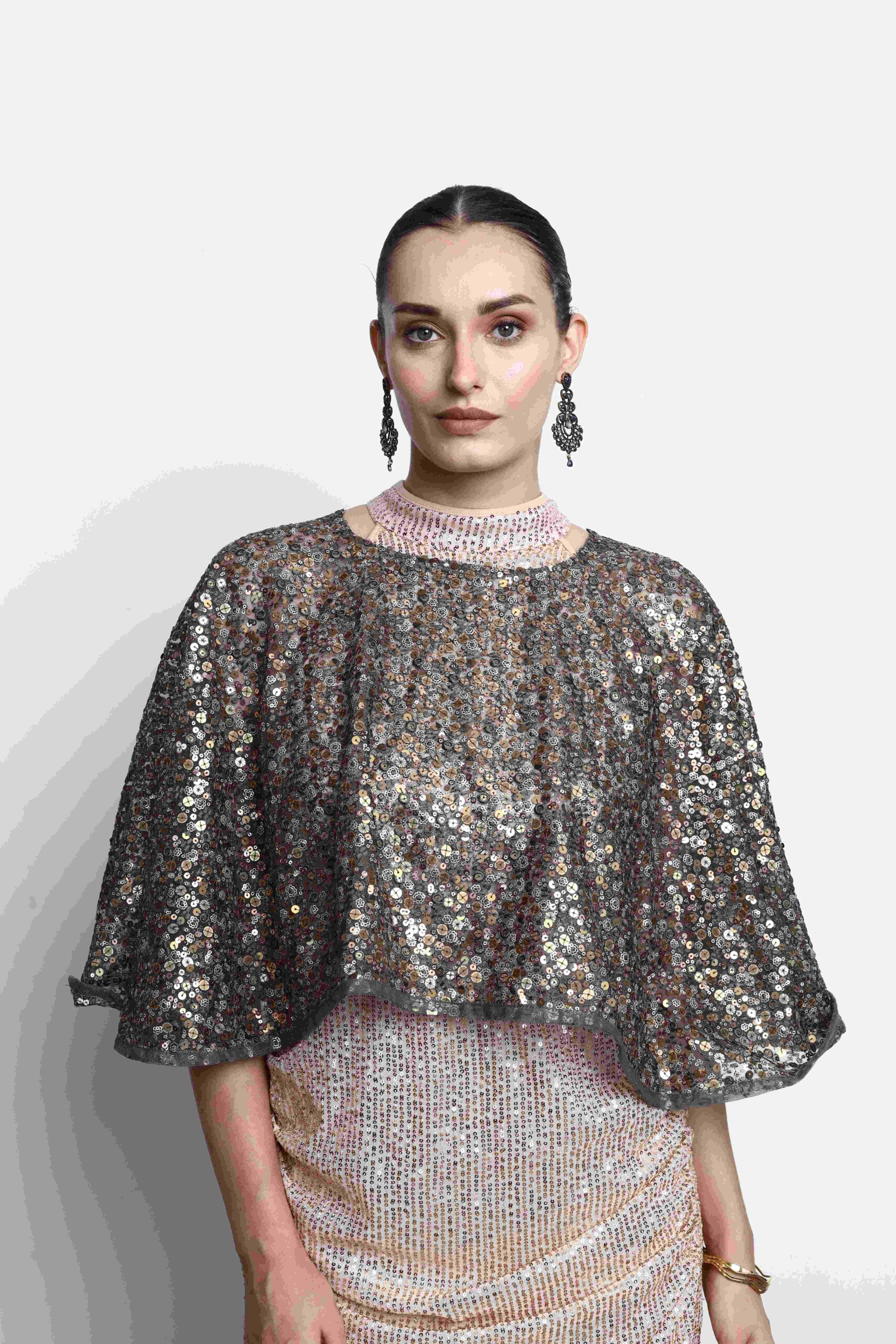 Élise Sequin Mini Dress with Embellished Cape Alternate