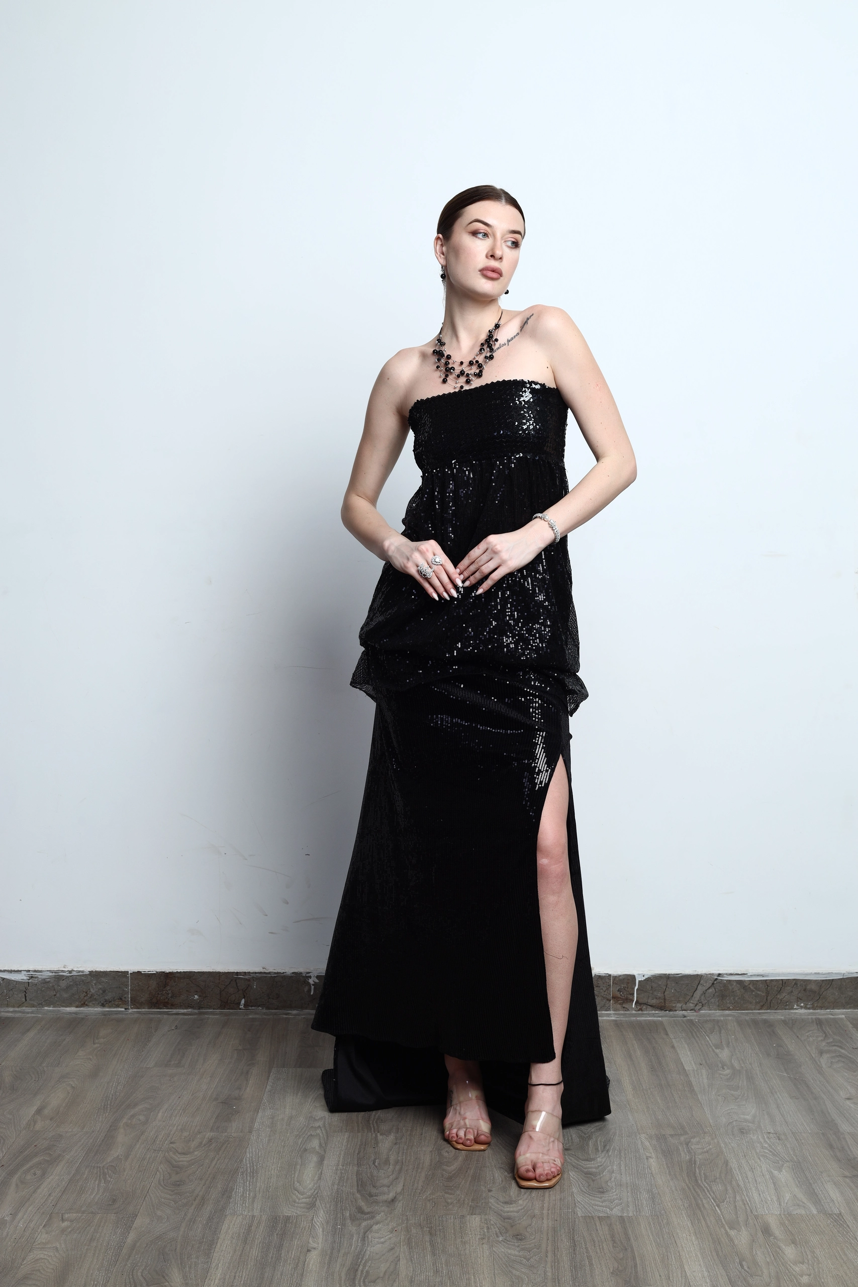 Veloura Sequin Embellished Slit Gown Alternate