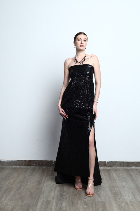 Veloura Sequin Embellished Slit Gown