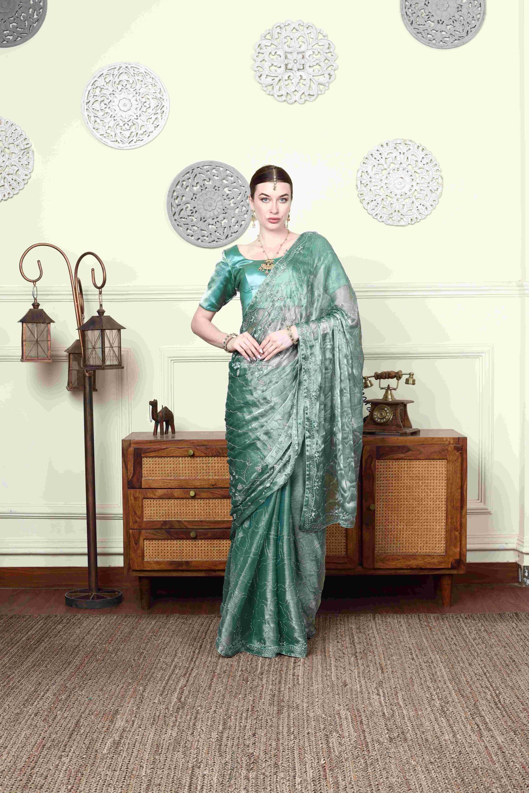 Verdigris Organza Couture Saree