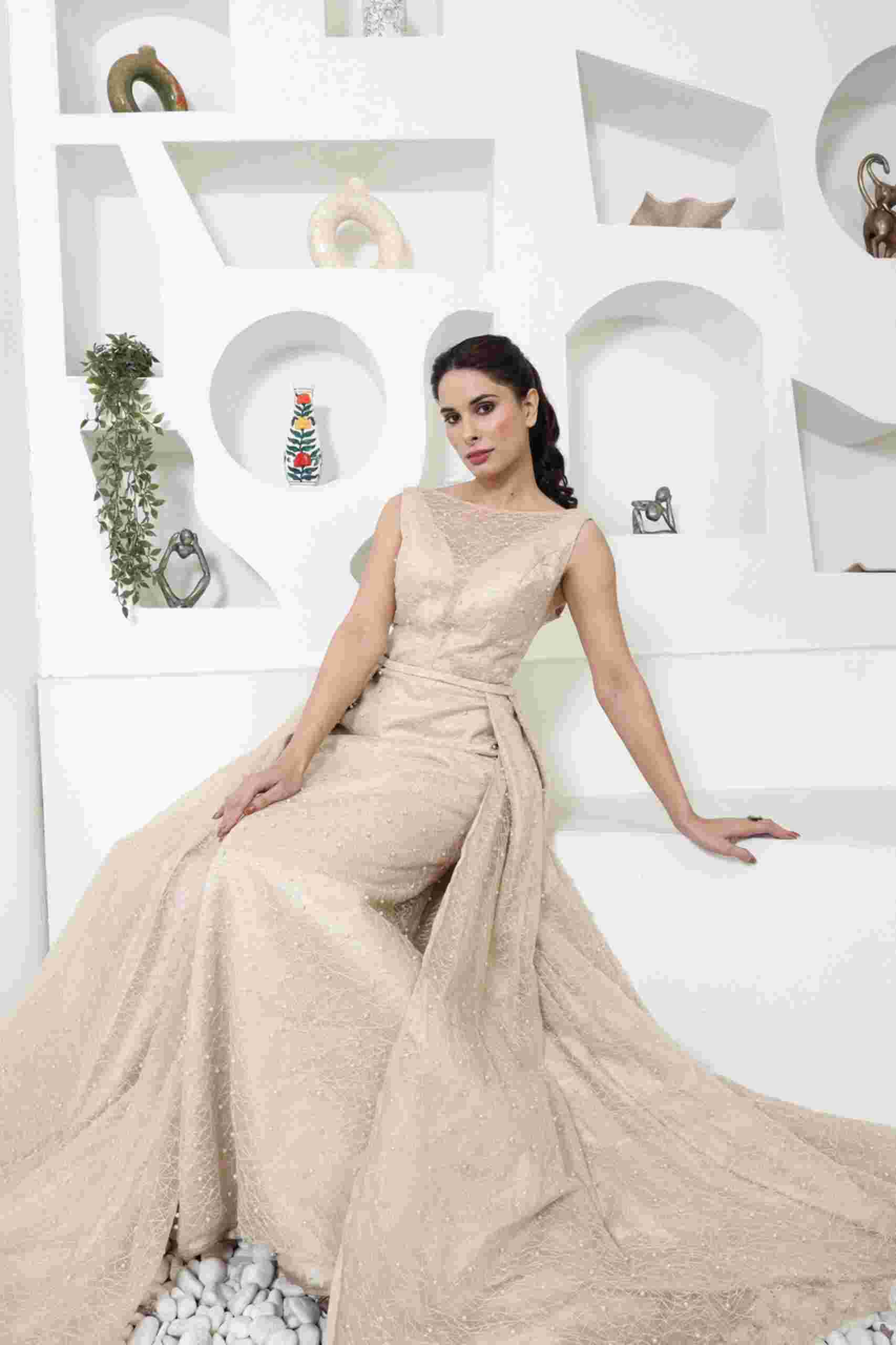 Champagne Shimmer Draped Evening Gown