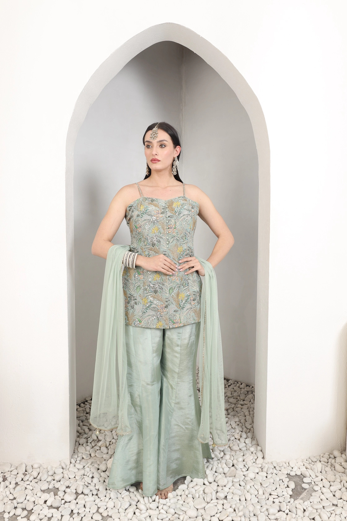 Mint Embroidered Sharara Set Alternate