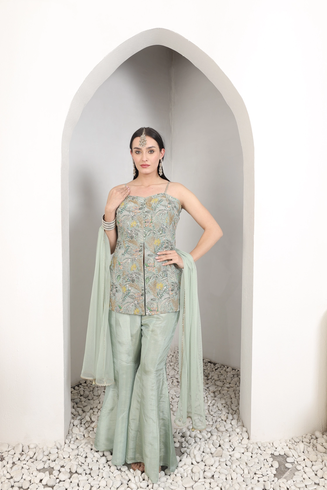 Mint Embroidered Sharara Set