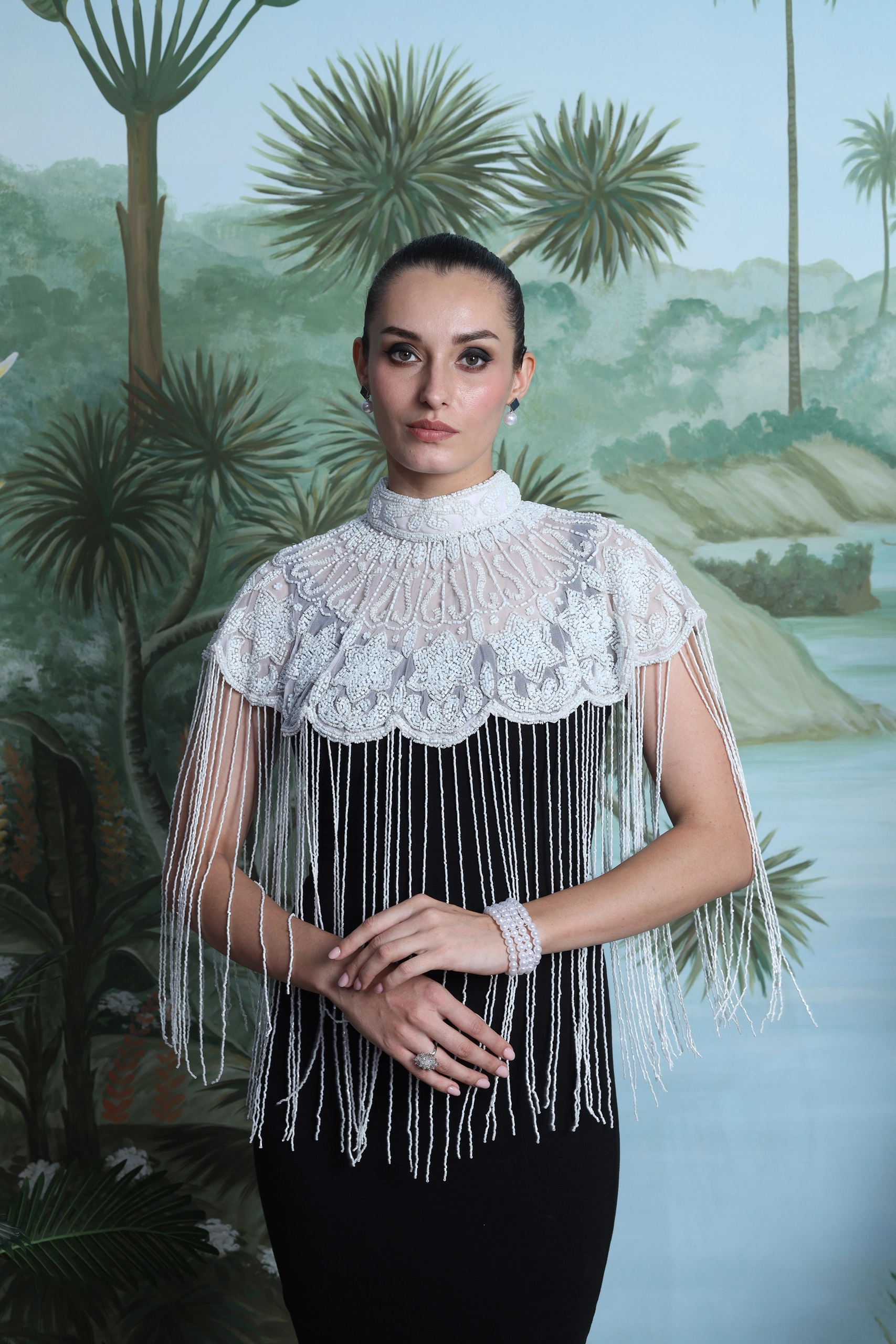 Élodie Midi Dress with Hand Embroidered Fringe Cape Alternate