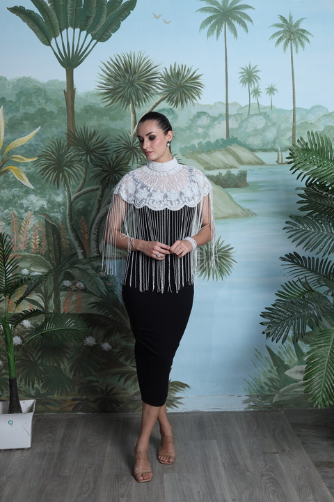 Élodie Midi Dress with Hand Embroidered Fringe Cape