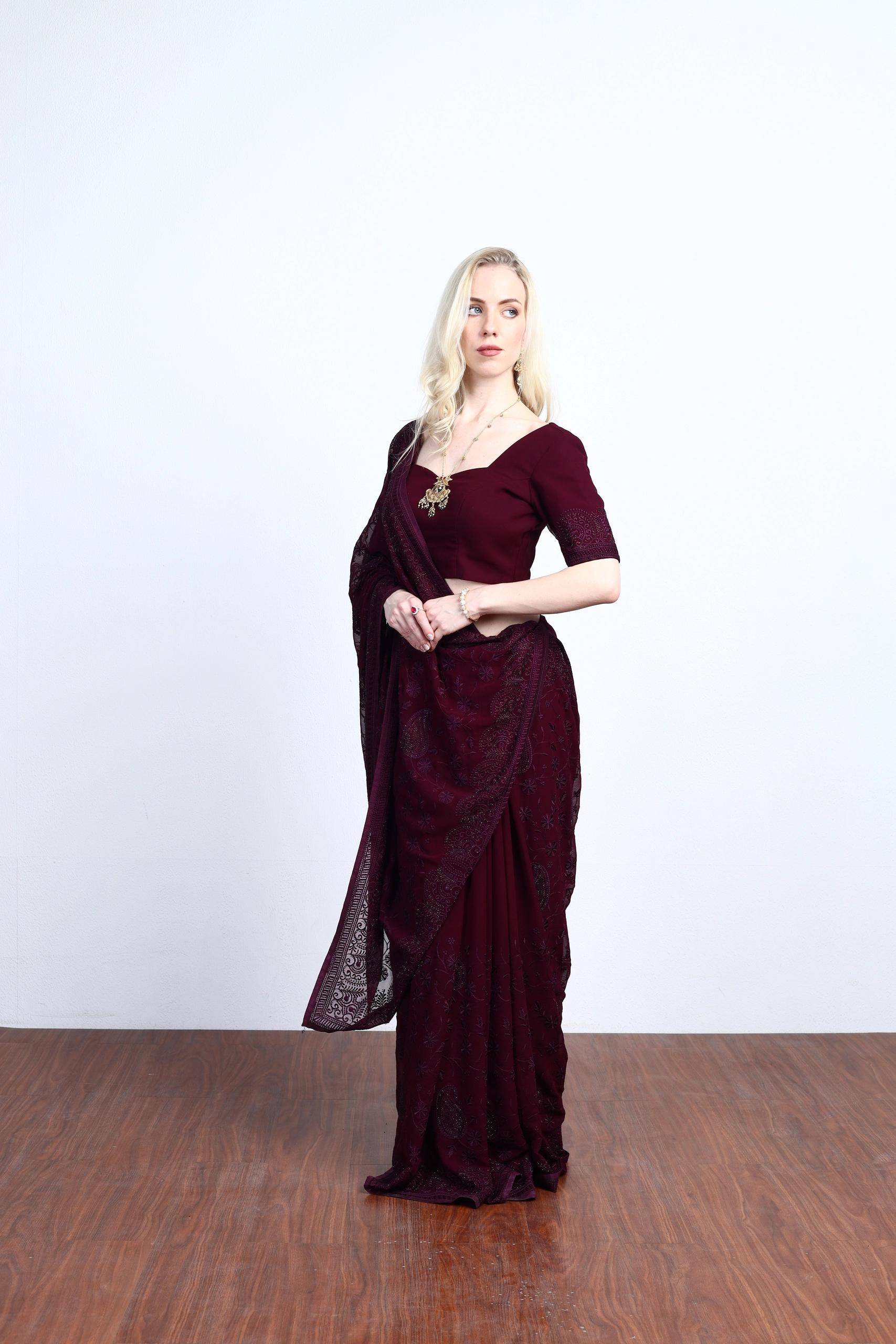 Wine Crystal Saree Set Alternate