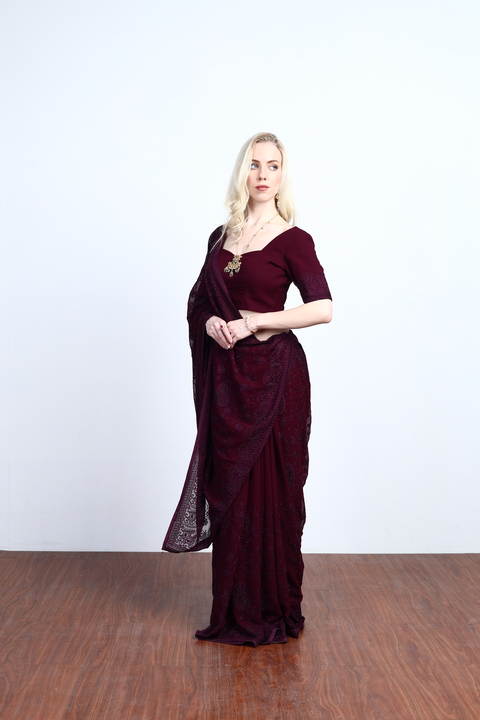 Wine Crystal Saree Set