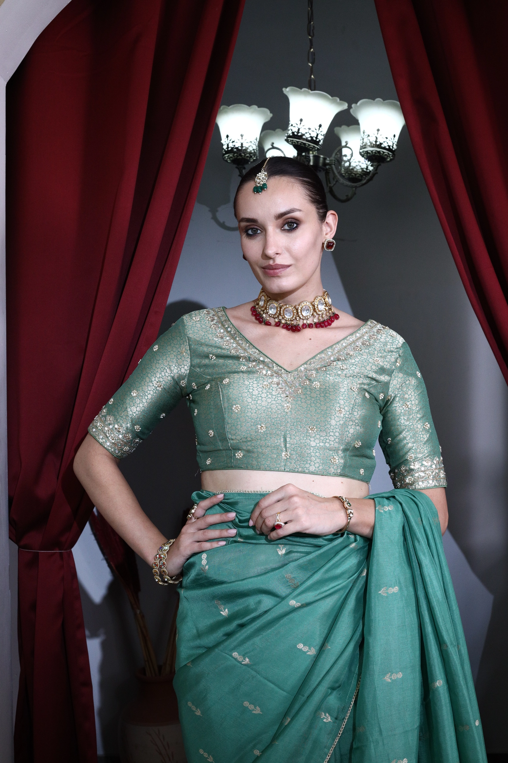 Sea Green Mirror Saree Set Alternate