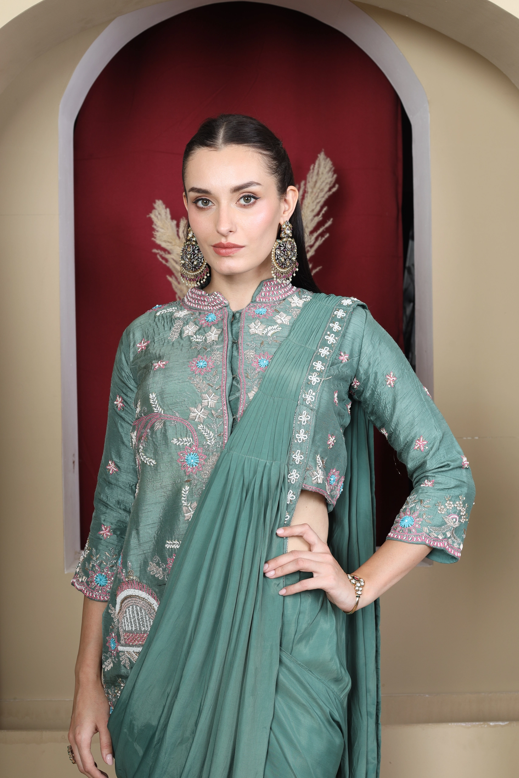 Sage Embroidered Saree Set Alternate