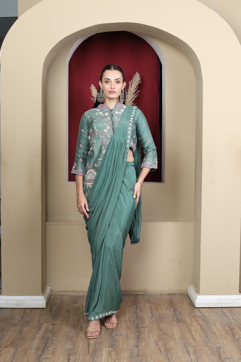 Sage Embroidered Saree Set