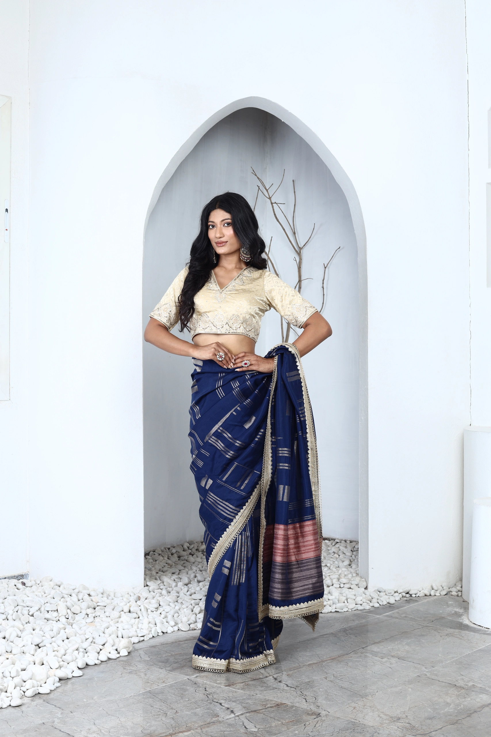 Navy Handwoven Saree Set Alternate