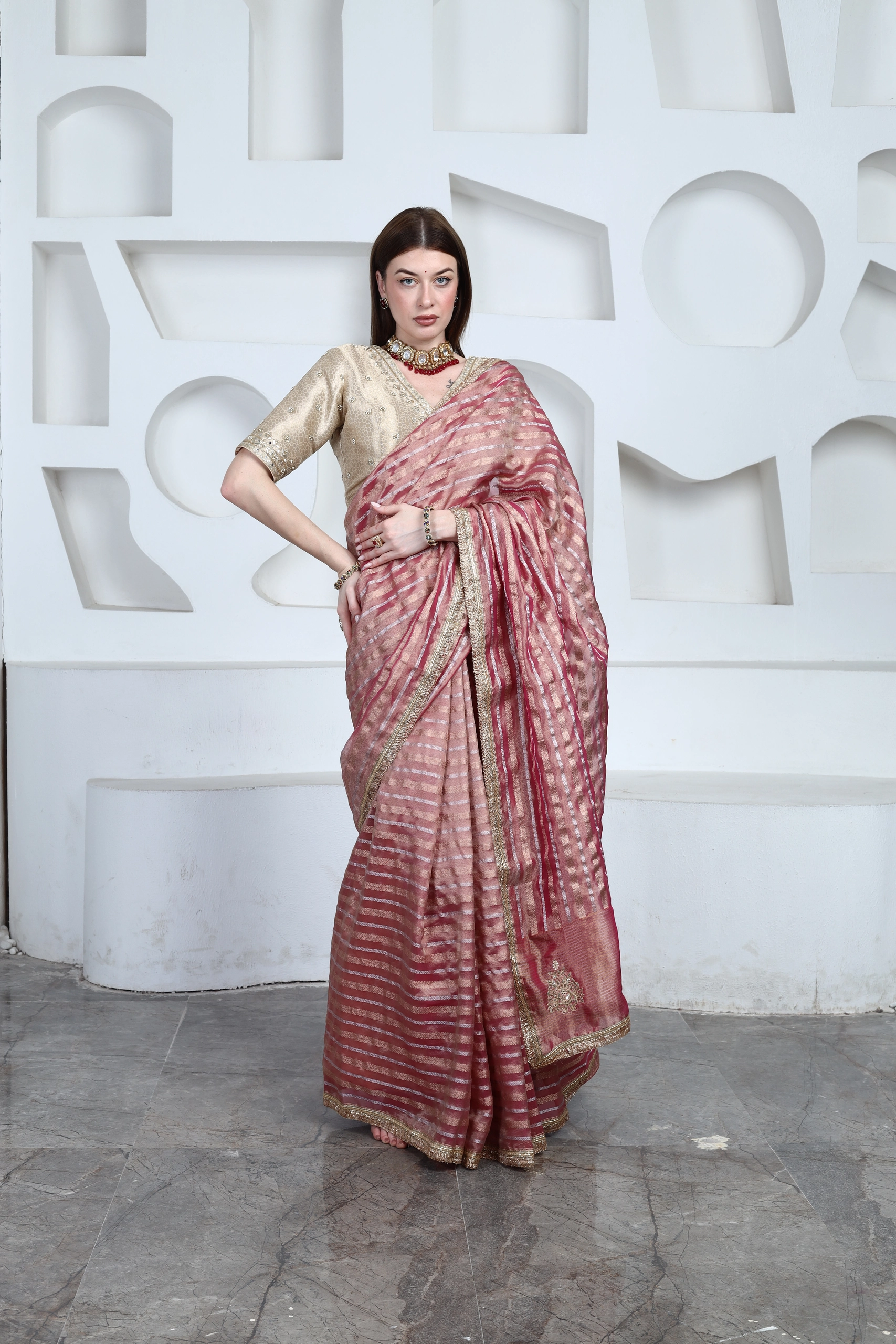 Rose Pink Tissue Saree Set Alternate