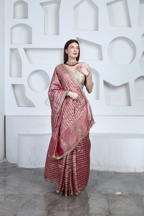 Rose Pink Tissue Saree Set