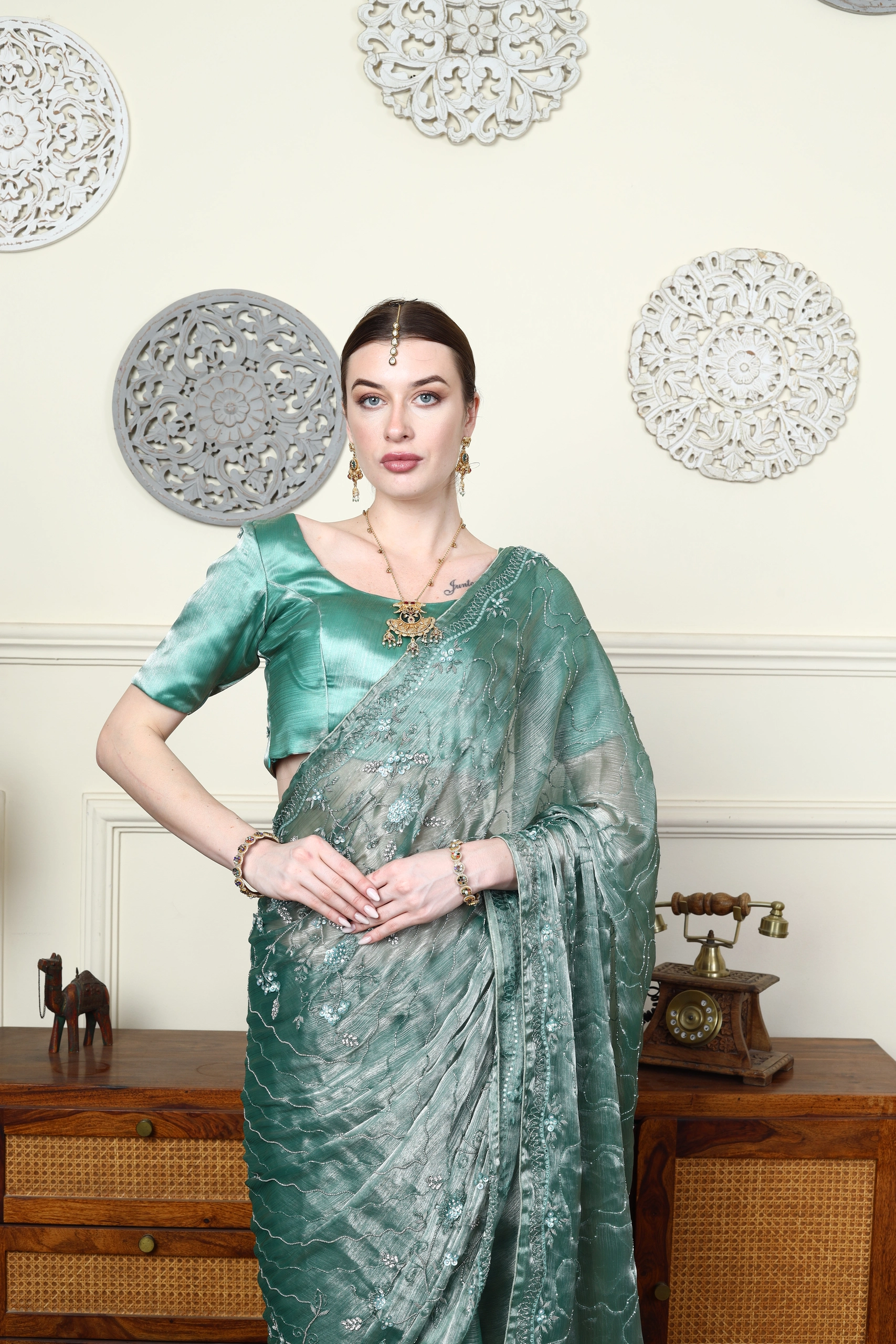 Verdigris Organza Couture Saree Alternate