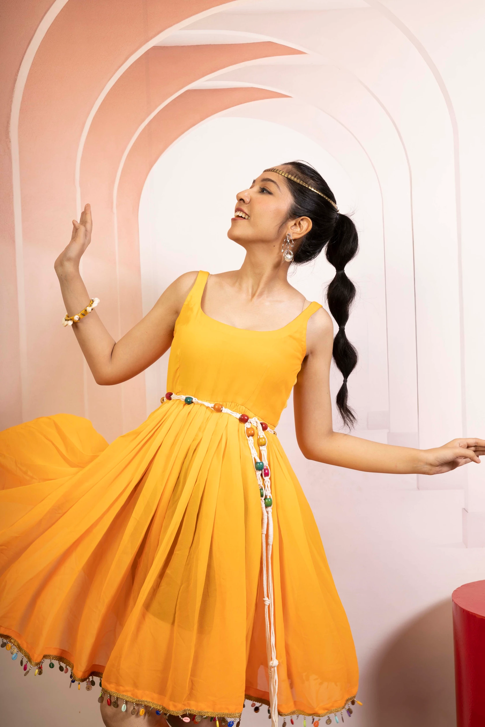 Sunlit Tassel Gathered Midi Dress