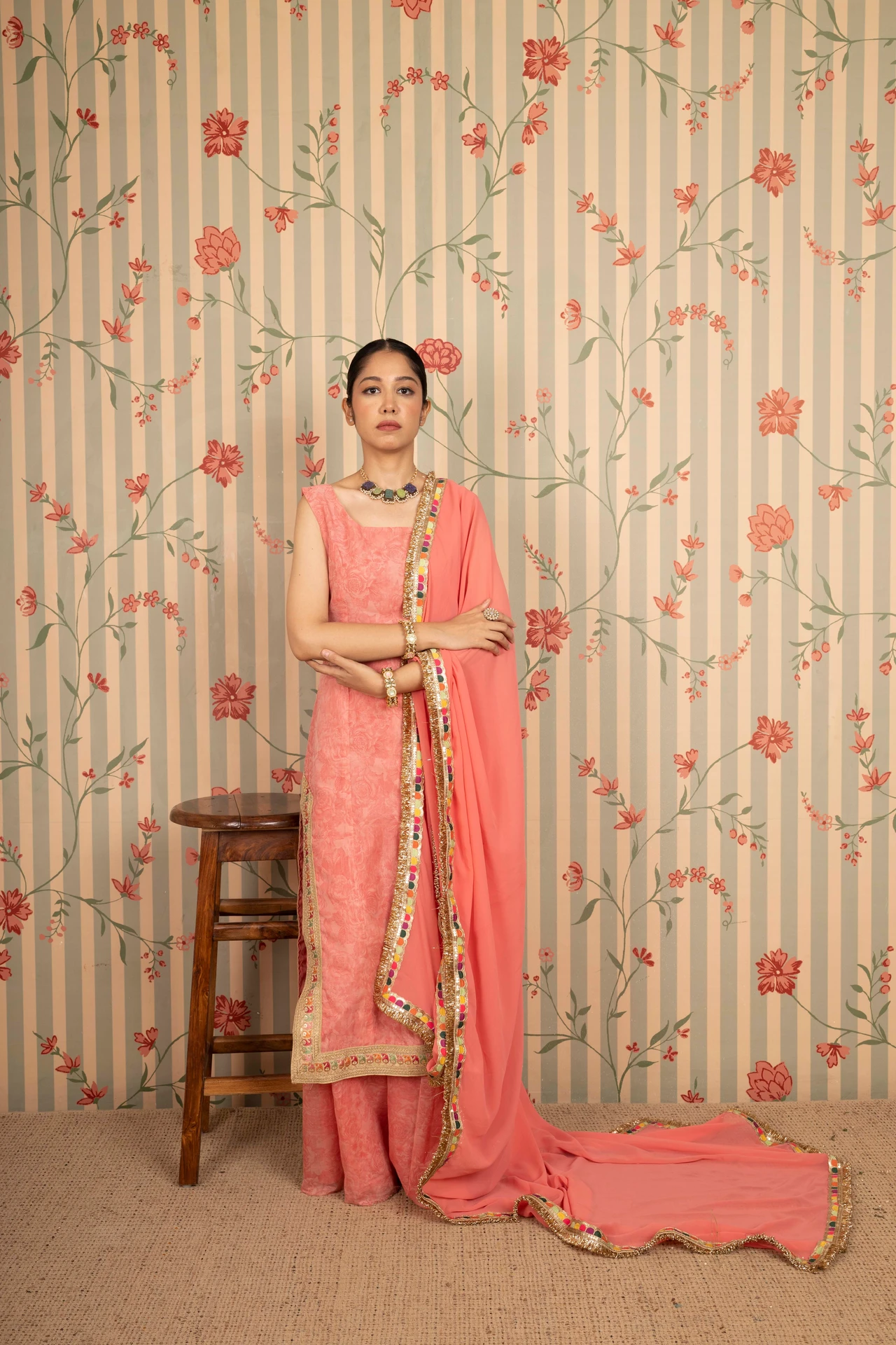 Peach Zari Suit Set Alternate