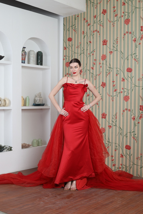 Rouge Élan Satin Evening Gown