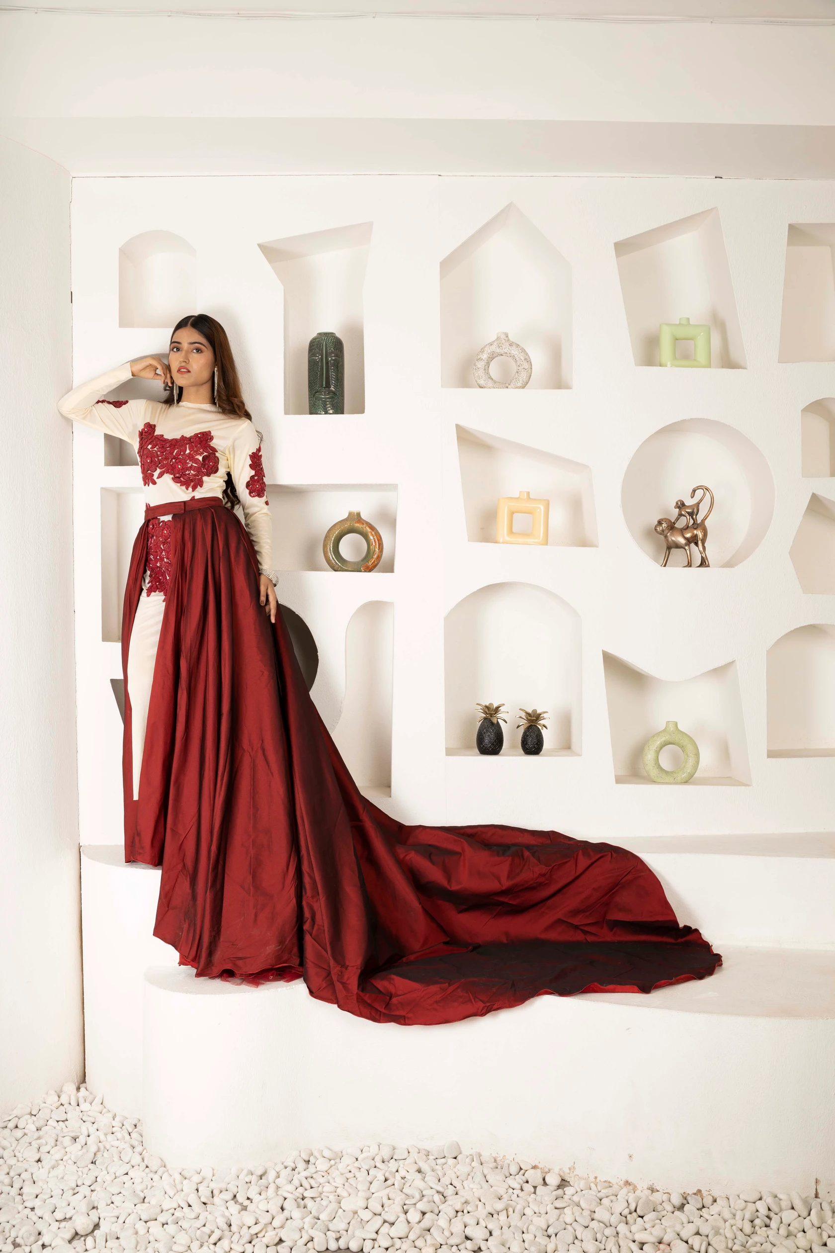 Crimson Bloom Embroidered Cape Gown