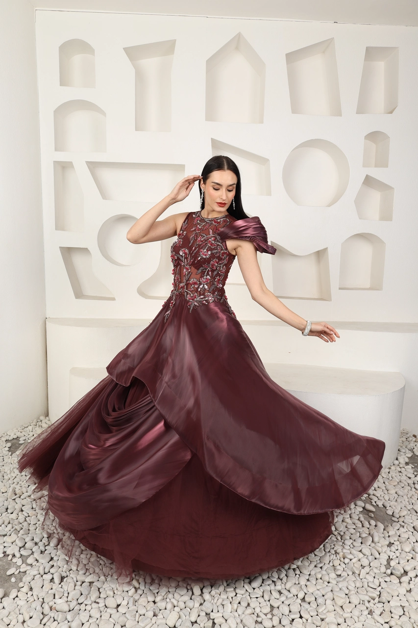 Burgundy Crystal Embroidered Ball Gown