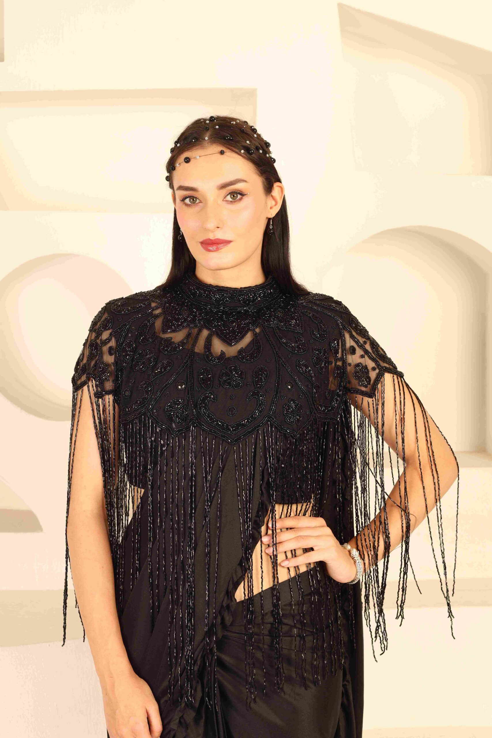 Noir Beaded Fringe Statement Cape Alternate