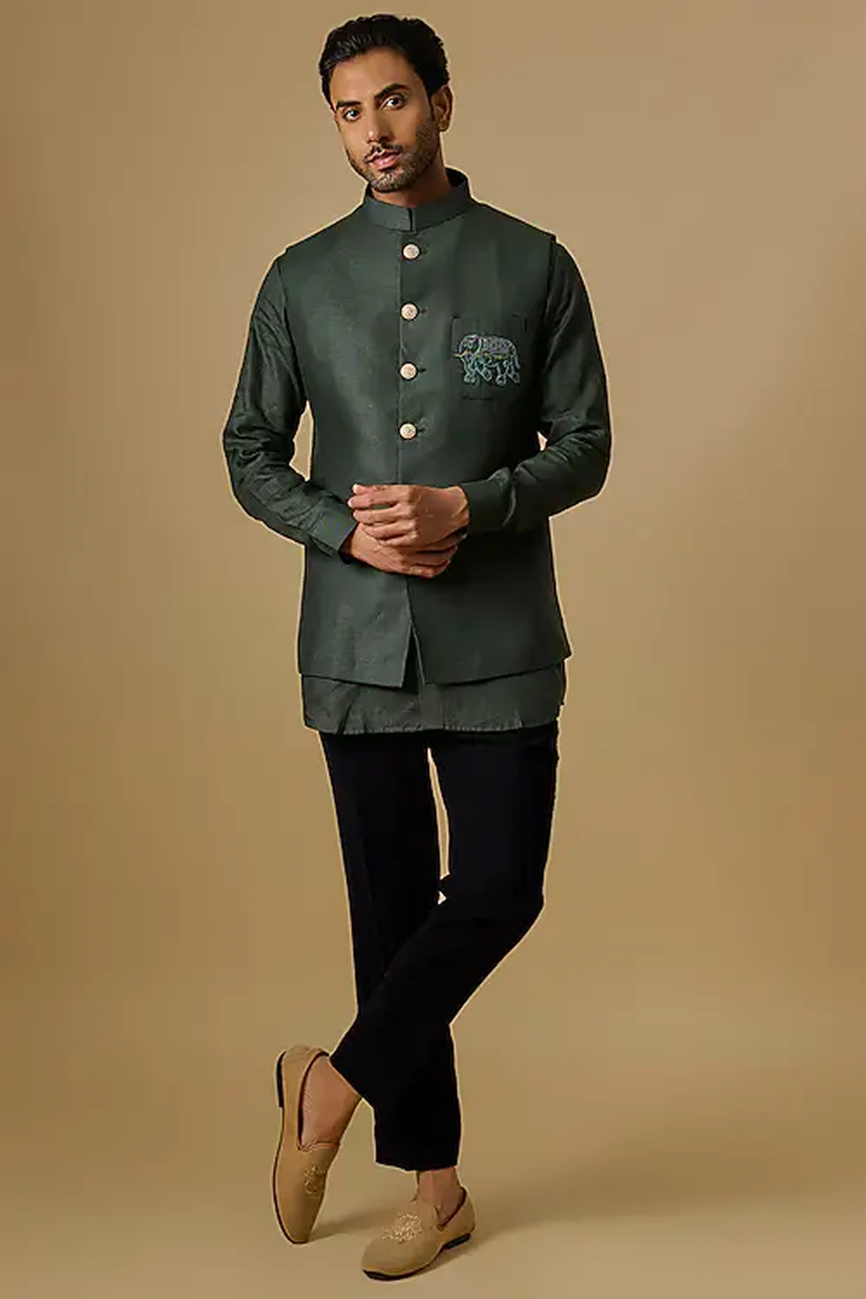 Mint Jacquard Mirror Work Nehru Jacket