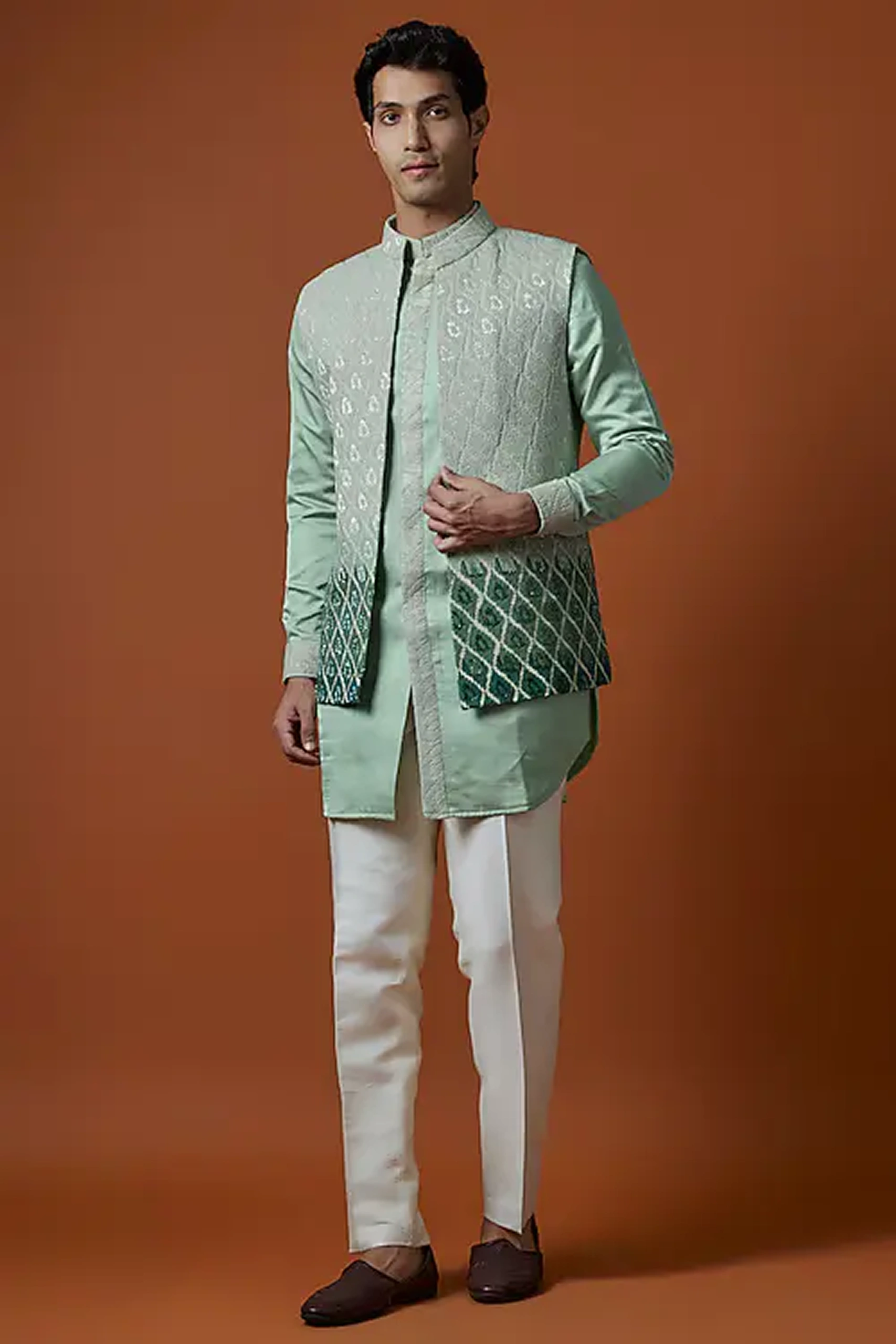 Sage Green Silk Zari Work Nehru Jacket