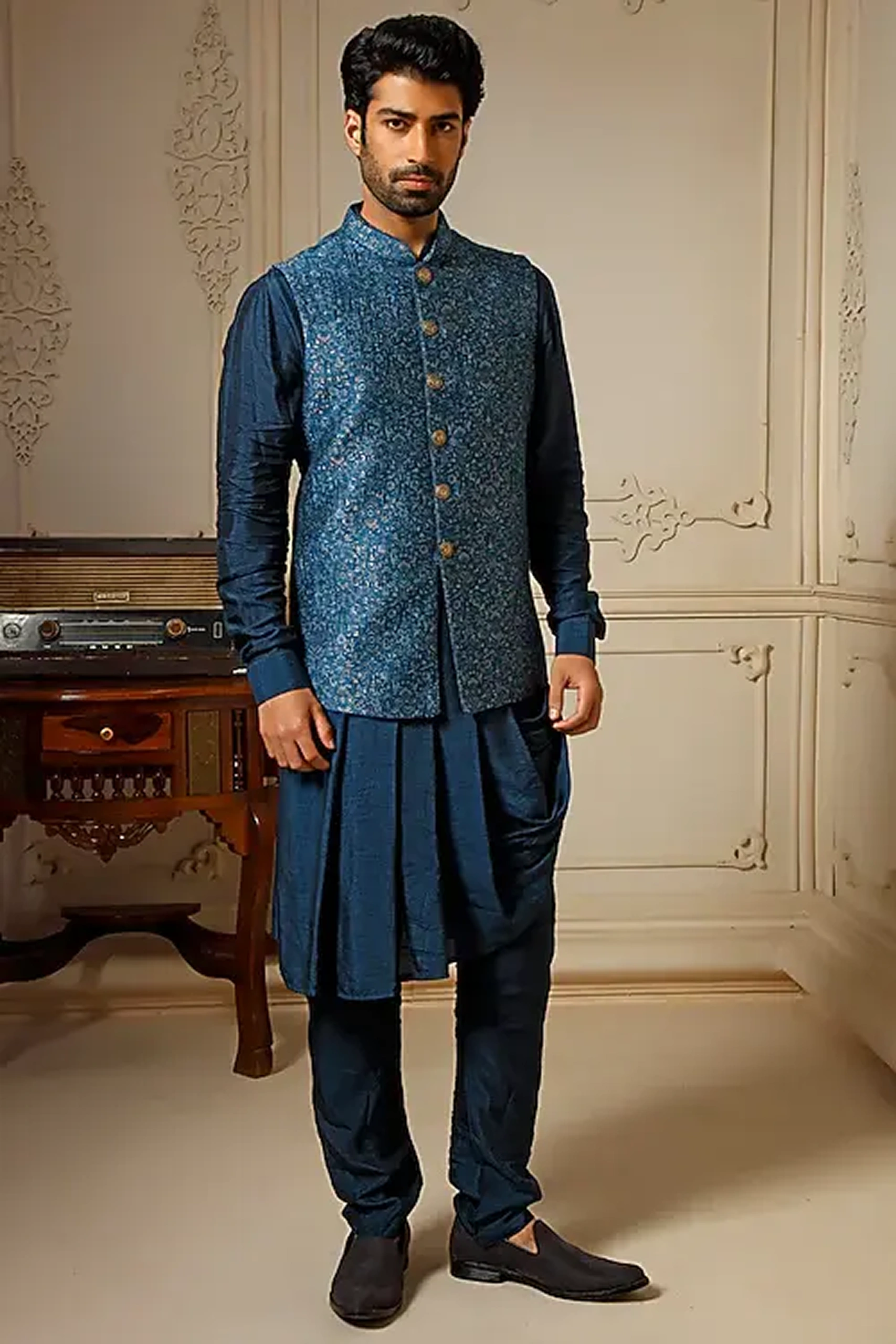 Sage Green Silk Embroidered Nehru Jacket