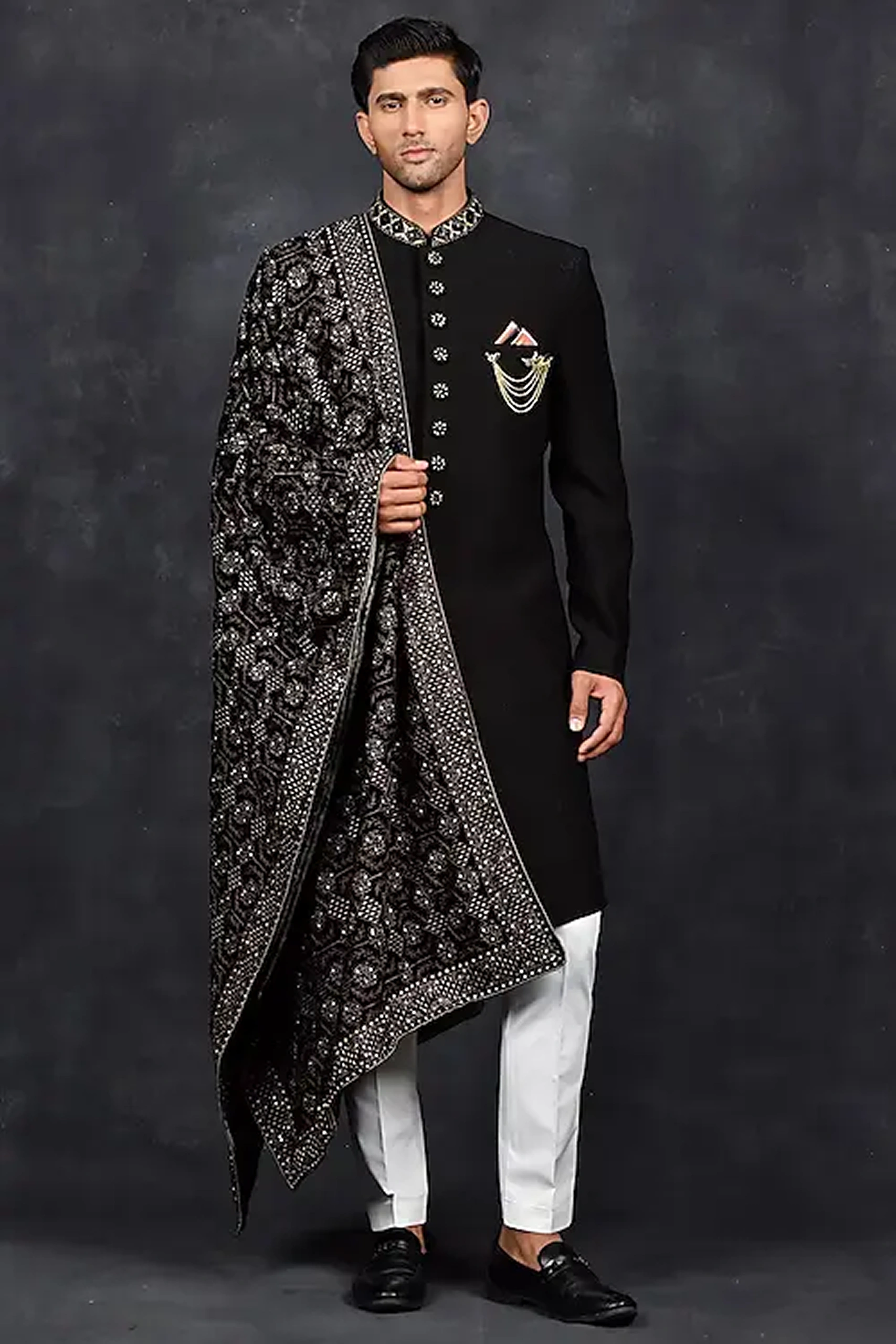 Wine Satin Mirror Work Sherwani Alternate
